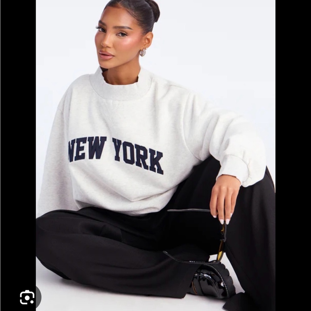 Fashion Nova Cream and Black New York Crew Neck Sweater